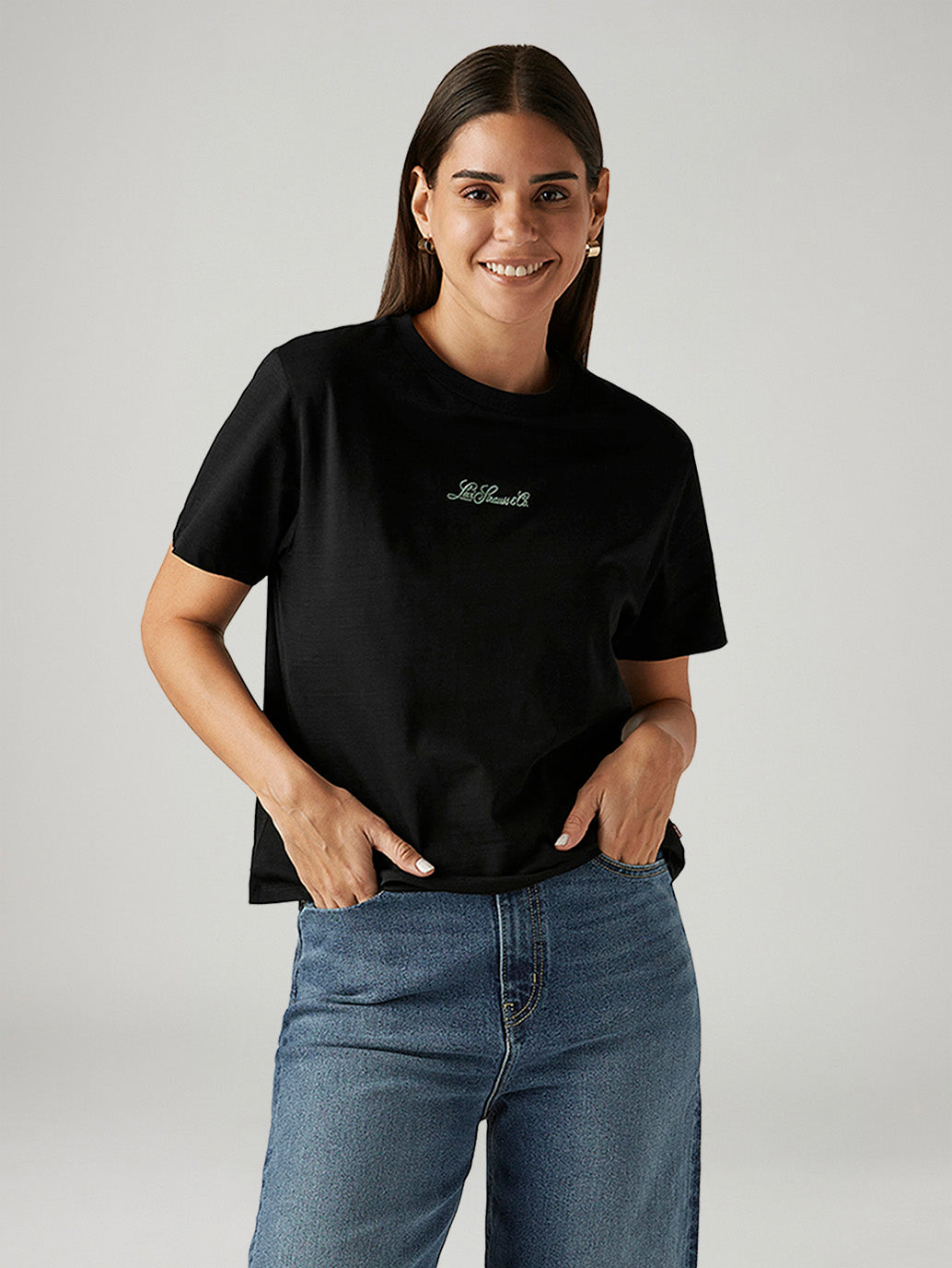 Women's Solid Black Relaxed Fit T-shirt - Styleshot View