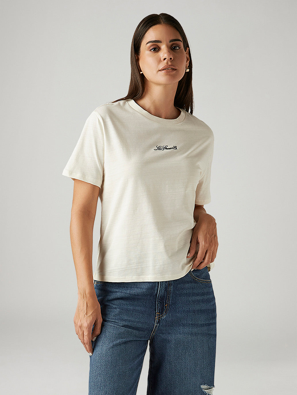 Women's Solid Off-White Relaxed Fit T-shirt - Styleshot View
