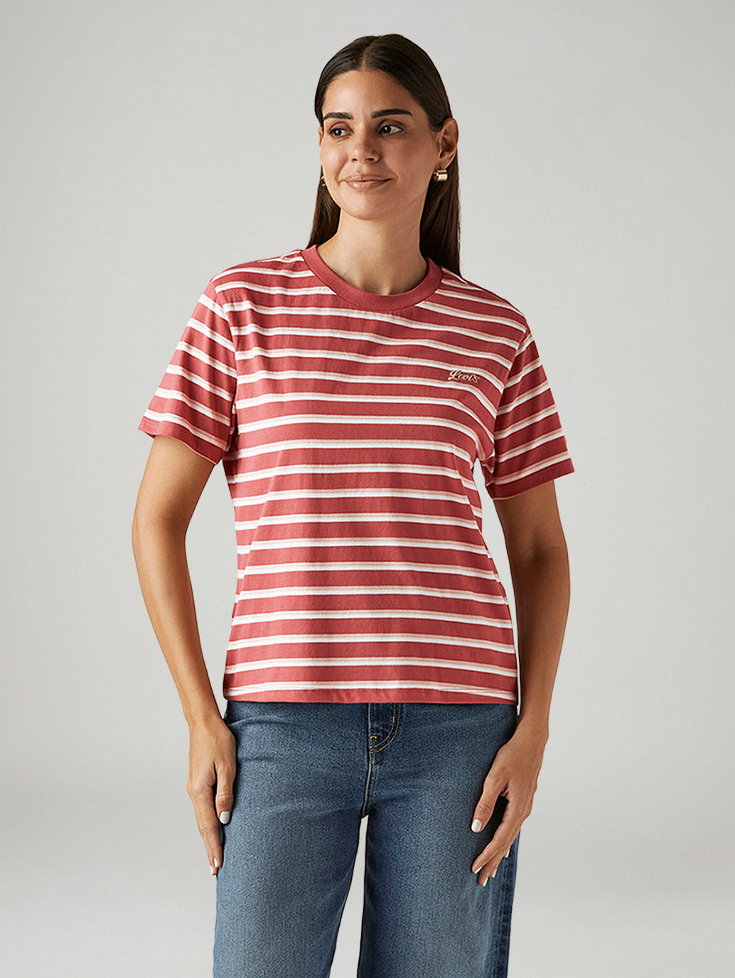 Women's Striped Red Relaxed Fit T-shirt - Front View