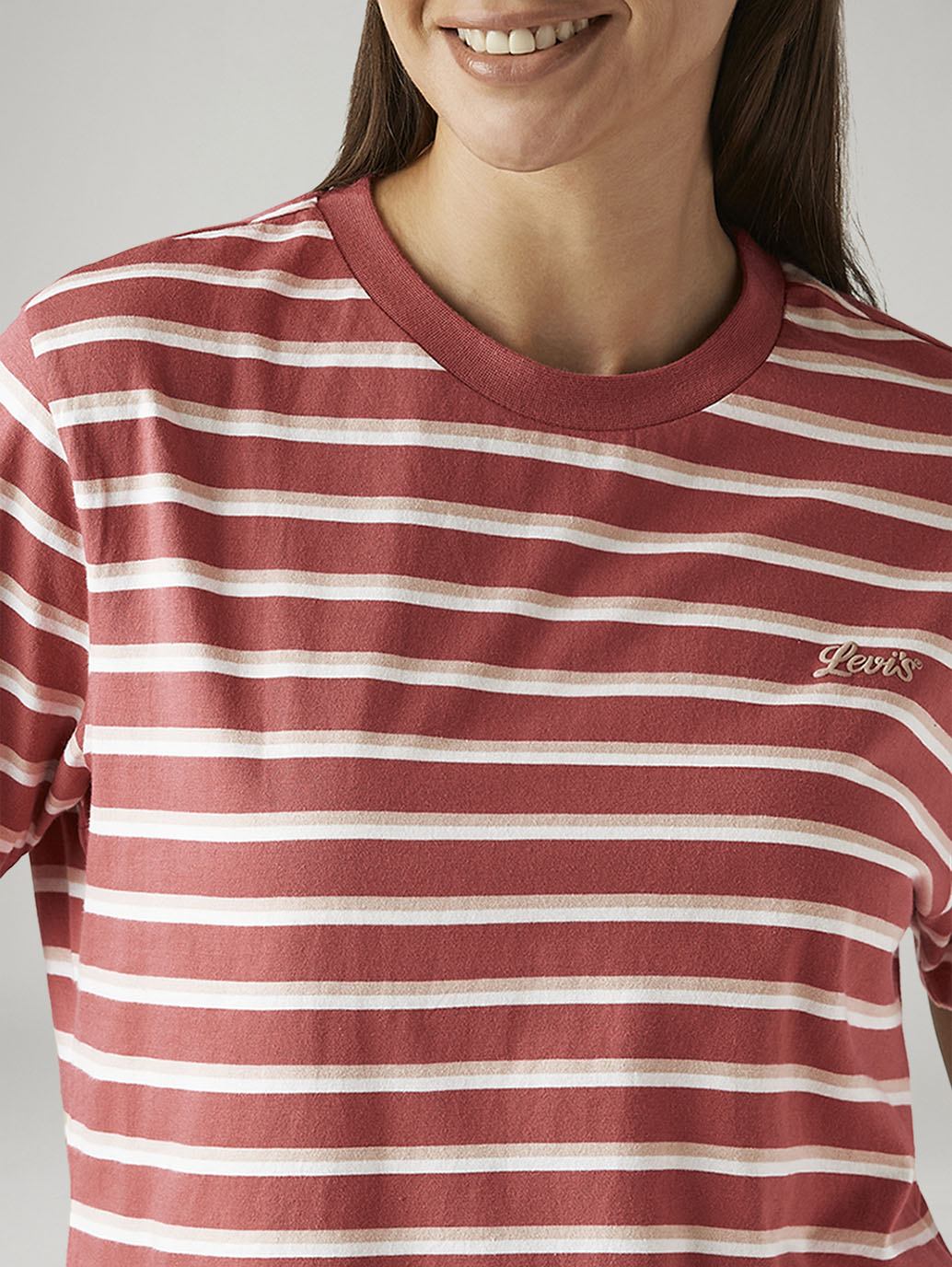 Women's Striped Red Relaxed Fit T-shirt - Detail View