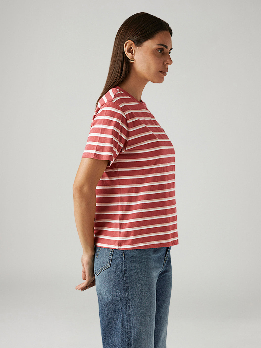 Women's Striped Red Relaxed Fit T-shirt - Side View