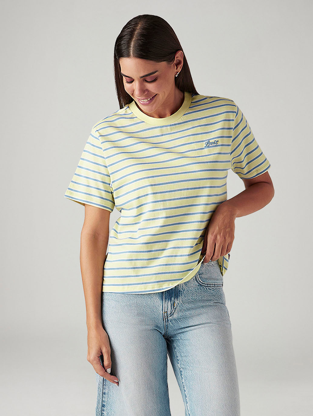 Women's Striped Yellow Relaxed Fit T-shirt - Styleshot View