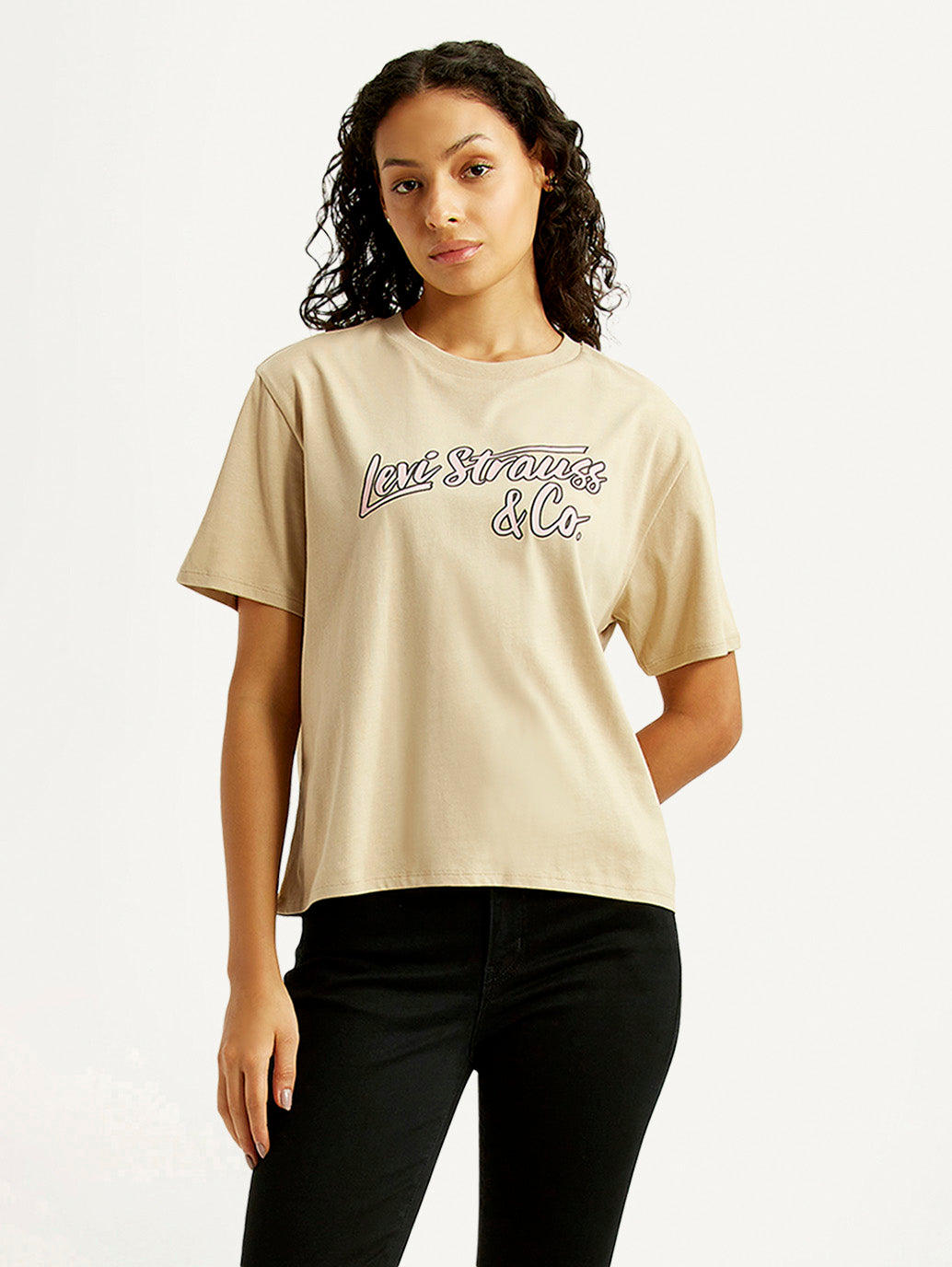 Women's Brand Logo Beige Relaxed Fit T-shirt