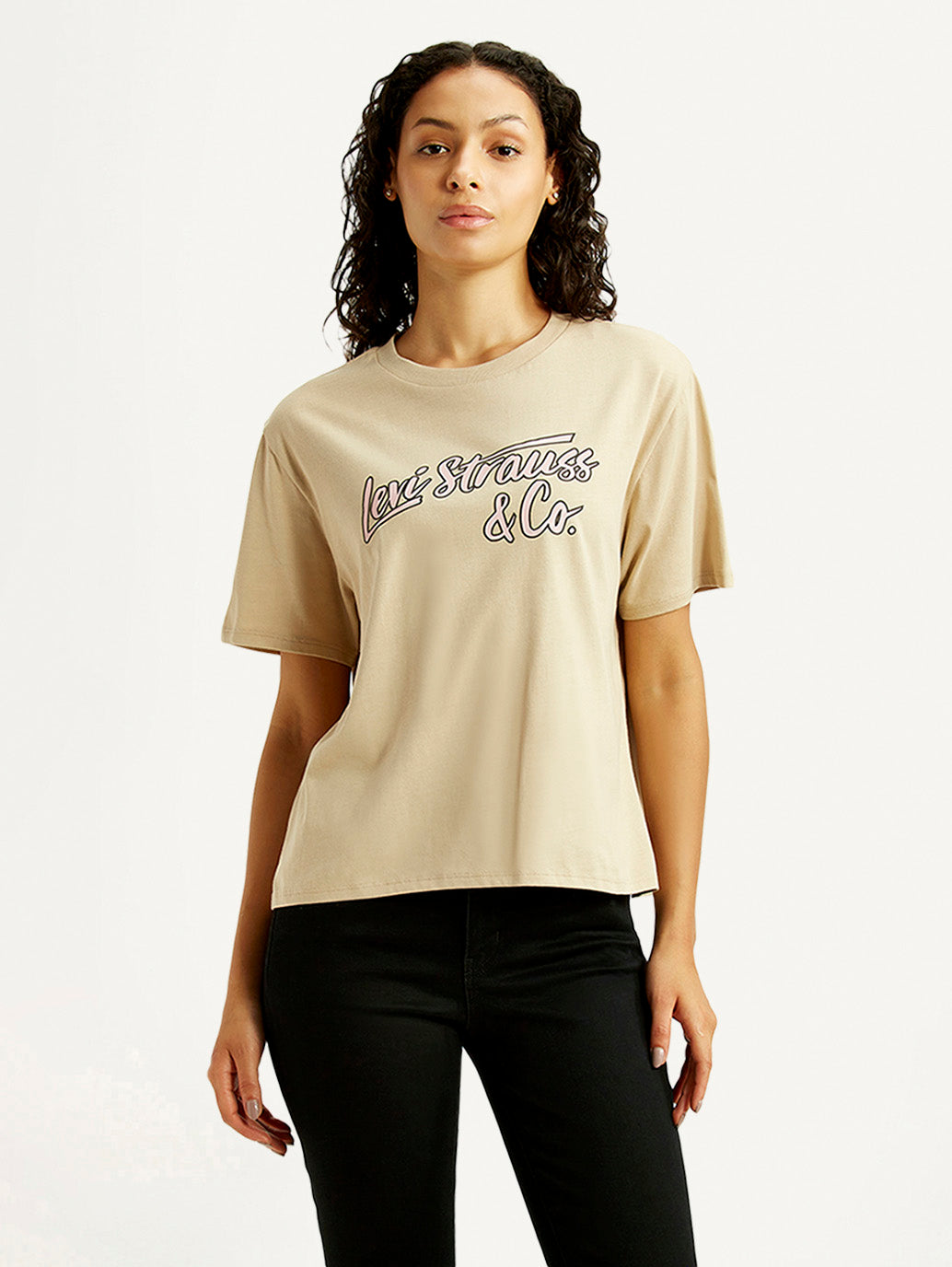 Women's Brand Logo Beige Relaxed Fit T-shirt - Front View