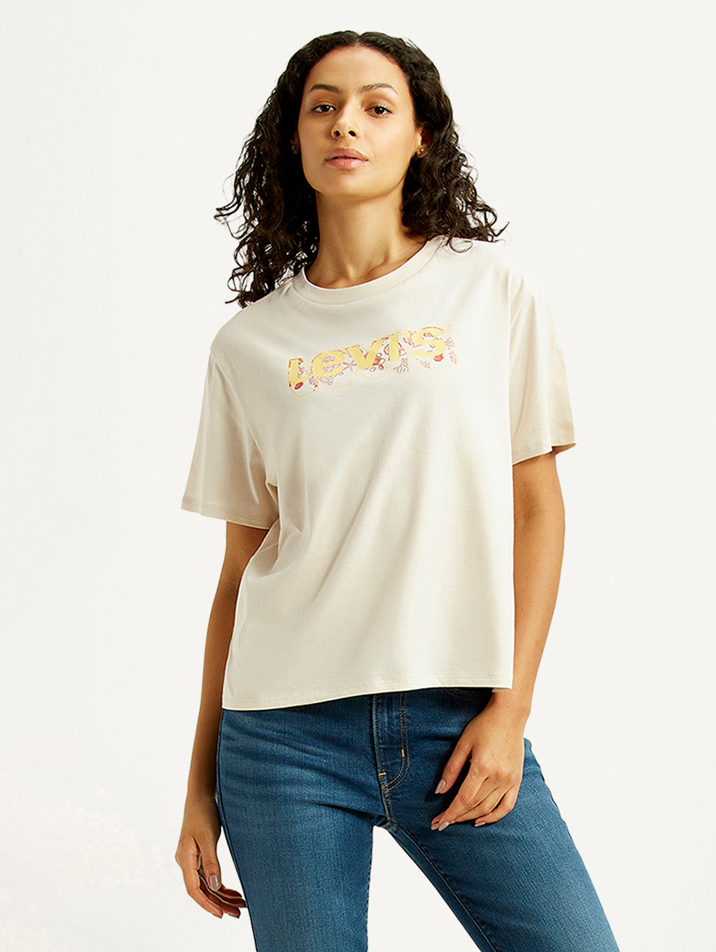 Women's Brand Logo Off White Relaxed Fit T-shirt - Styleshot View
