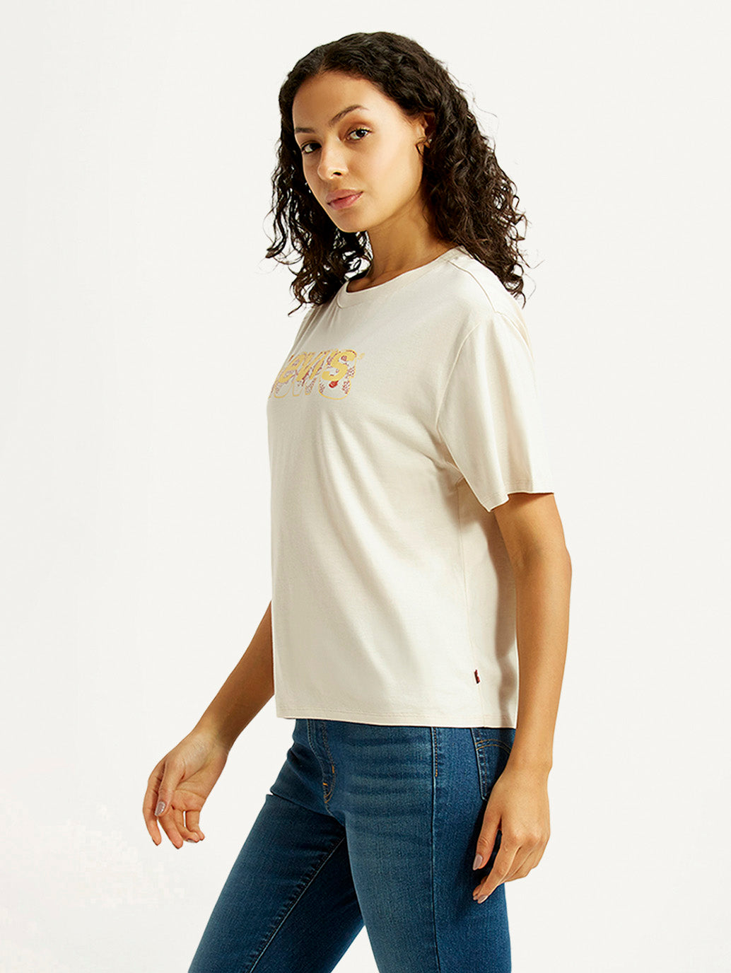 Women's Brand Logo Off White Relaxed Fit T-shirt - Side View
