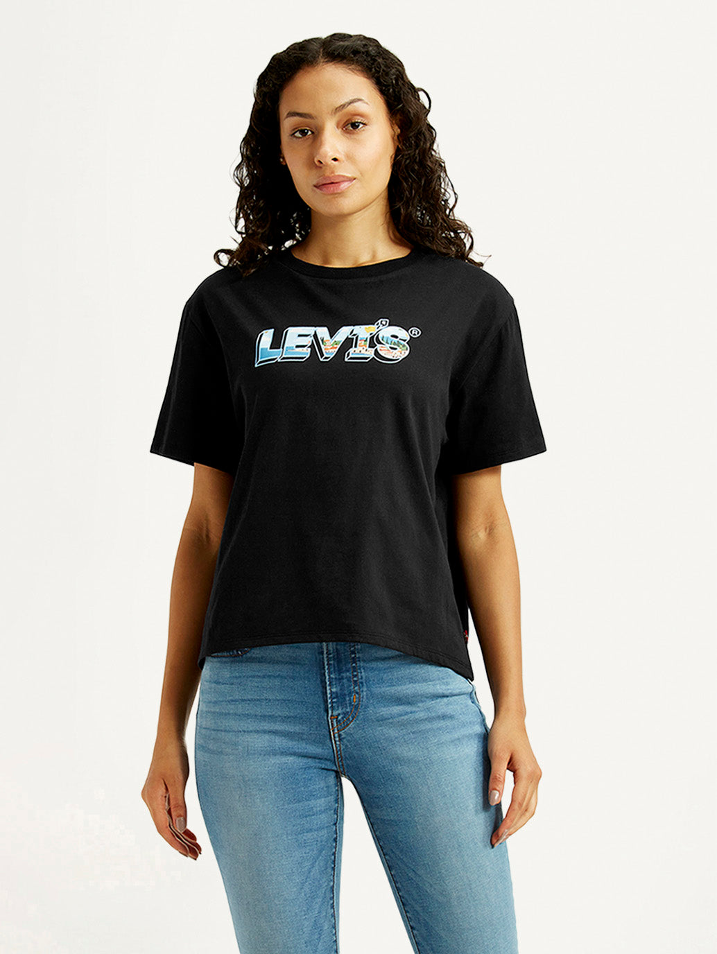 Women's Brand Logo Black Relaxed Fit T-shirt - Front View