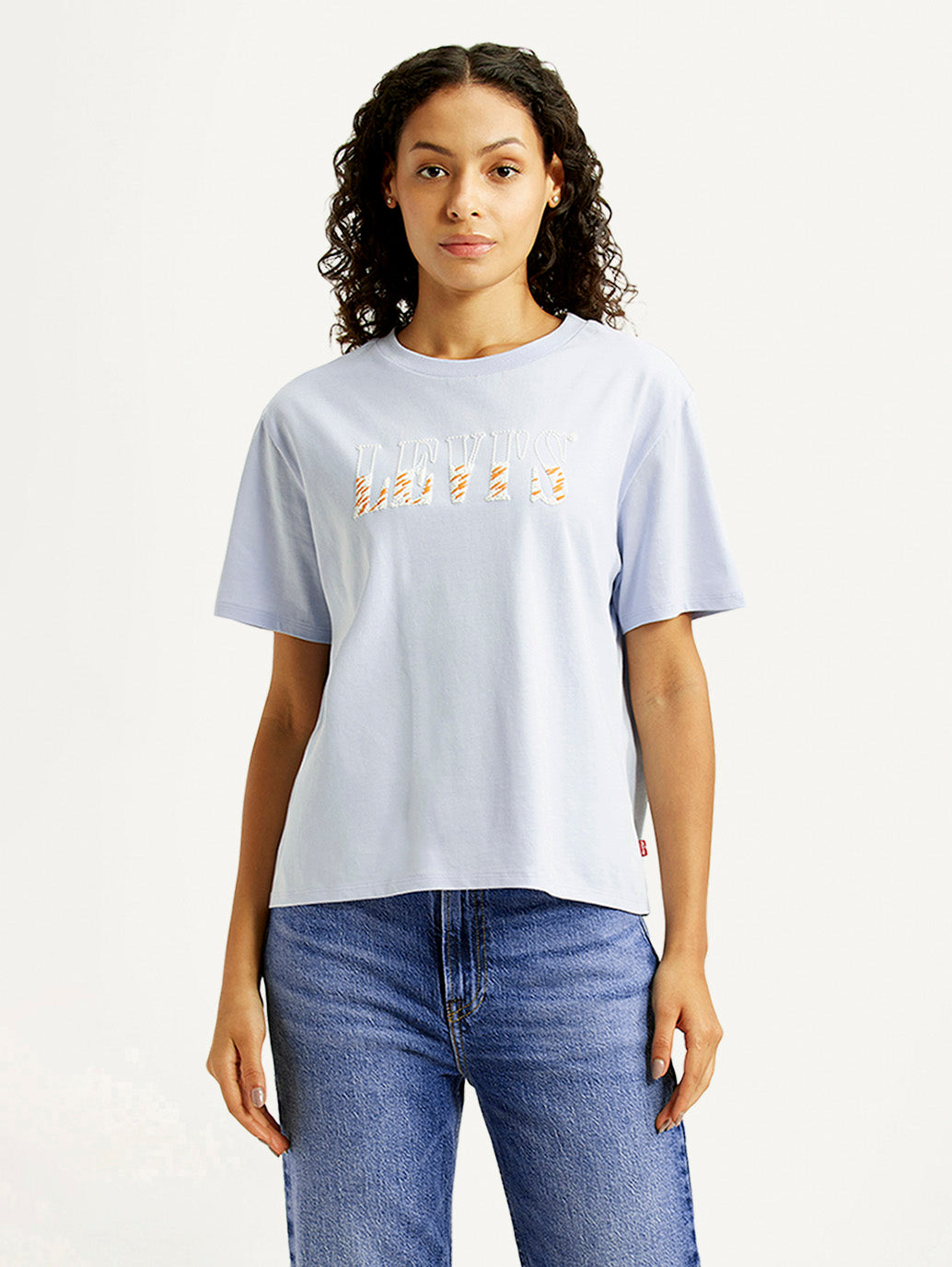 Women's Brand Logo Light-Blue Relaxed Fit T-shirt - Front View