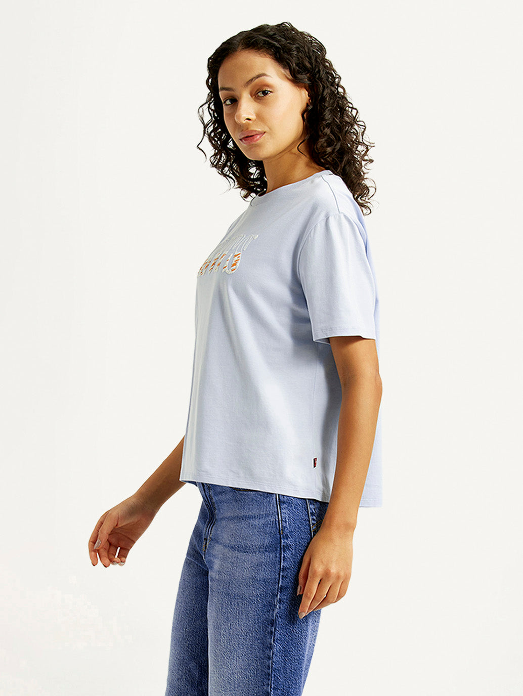 Women's Brand Logo Light-Blue Relaxed Fit T-shirt - Side View