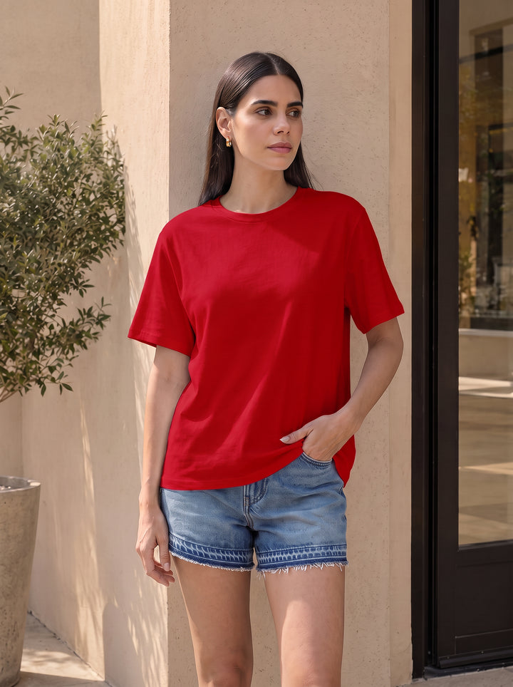 Women's Solid Crew Neck Relaxed Fit Interlock T-Shirt