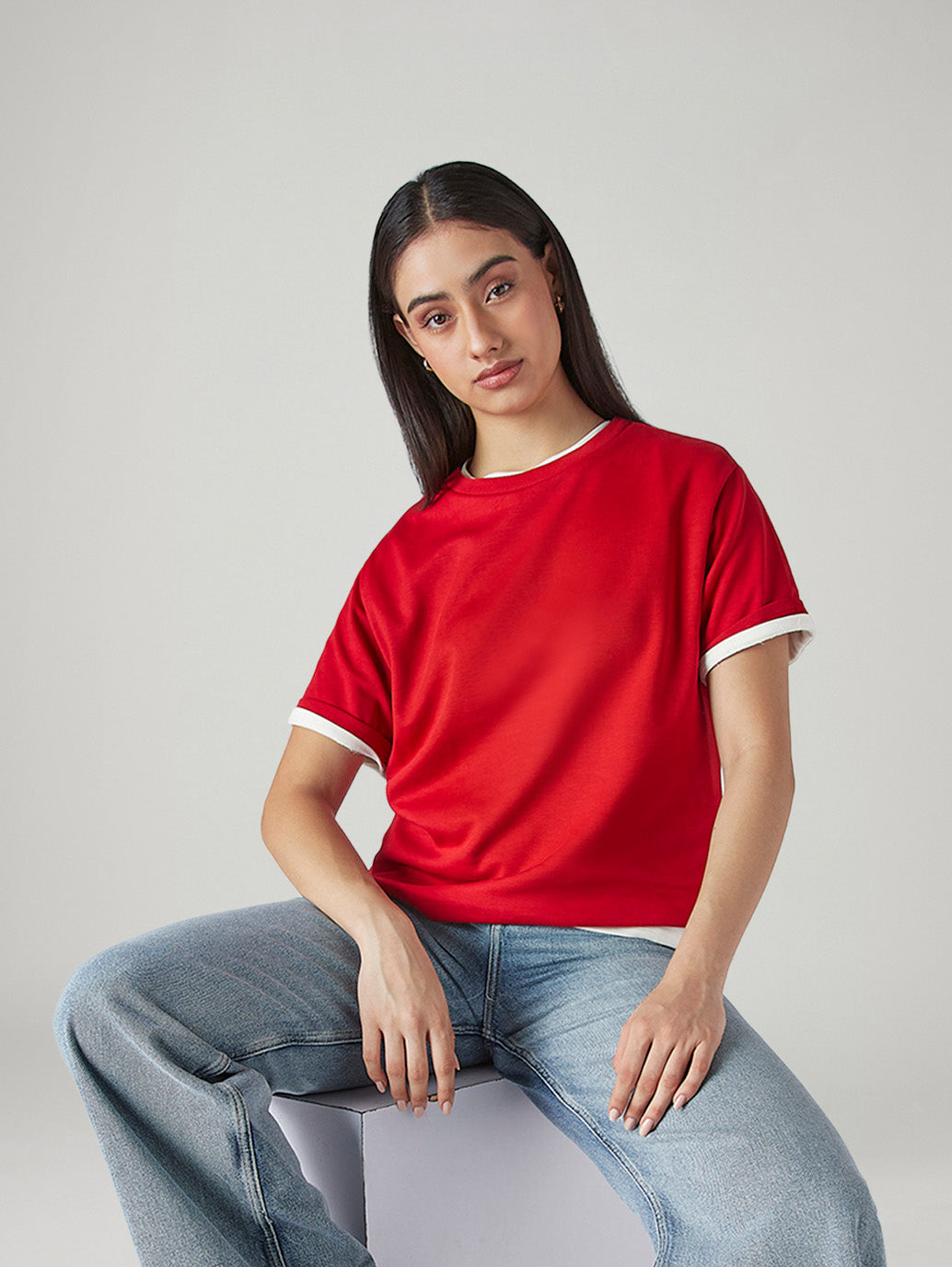 Women's Solid Crew Neck Relaxed Fit Interlock T-Shirt
