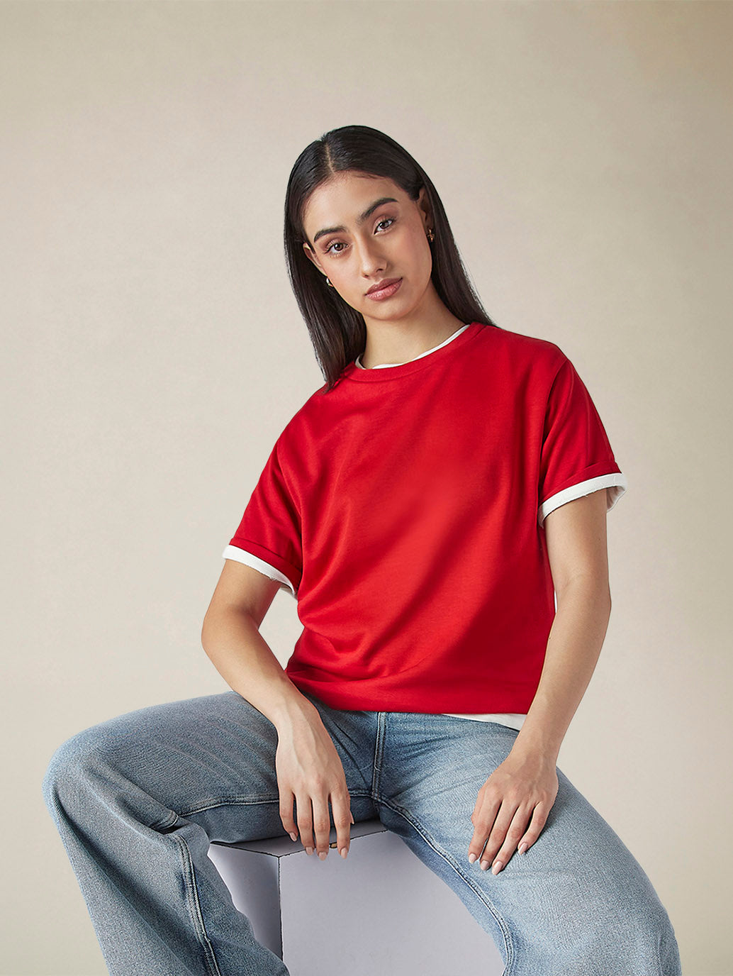 Women's Solid Crew Neck Relaxed Fit Interlock T-Shirt
