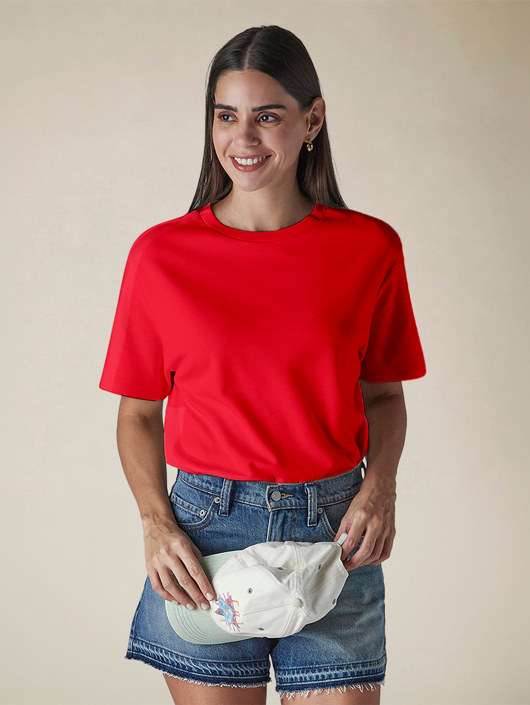 Women's Solid Crew Neck Relaxed Fit Interlock T-Shirt
