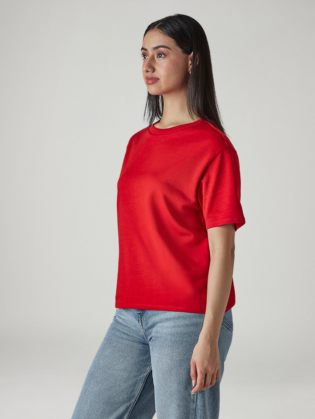 Women's Solid Crew Neck Relaxed Fit Interlock T-Shirt - Side View