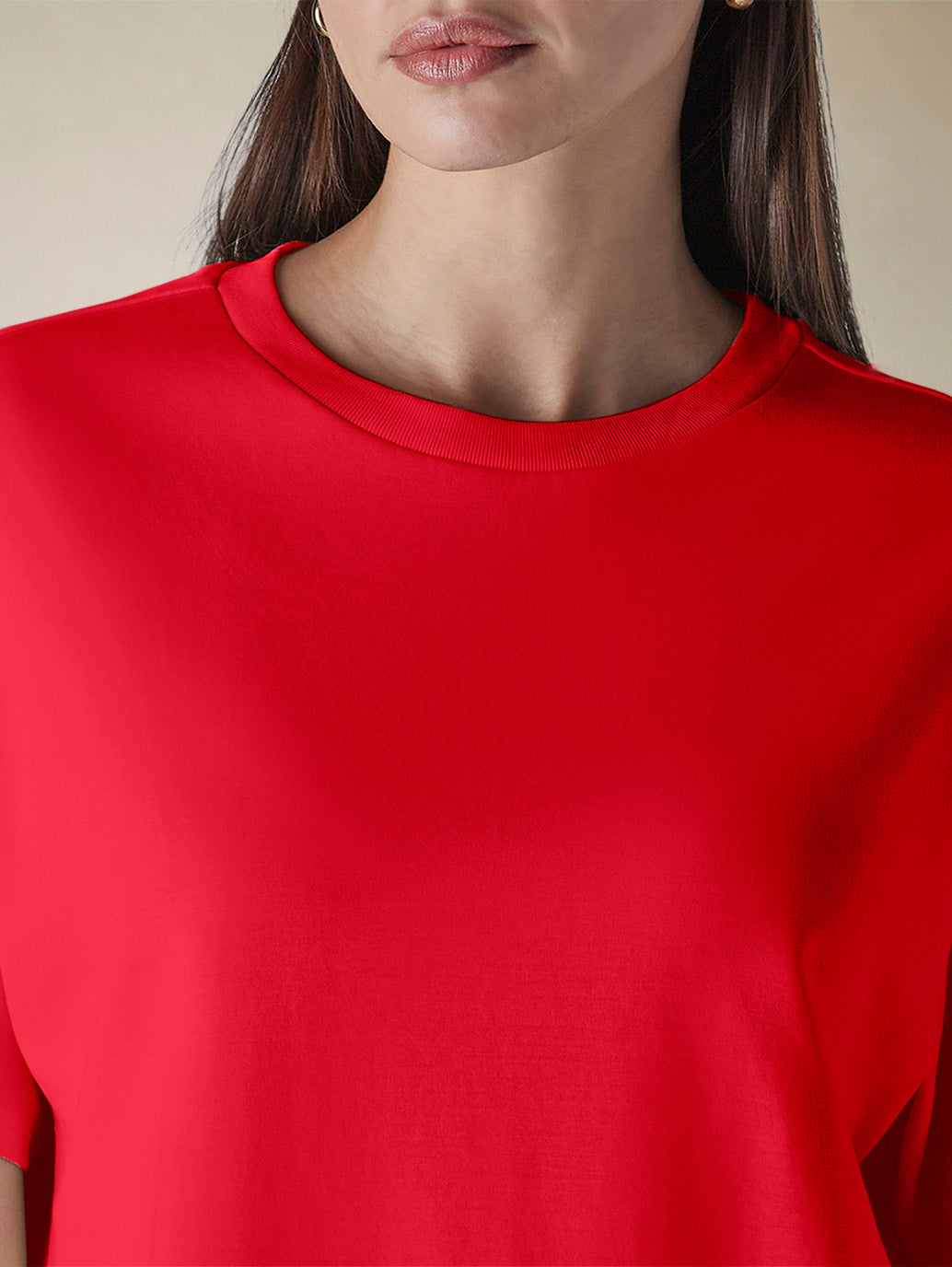 Women's Solid Crew Neck Relaxed Fit Interlock T-Shirt - Detail View