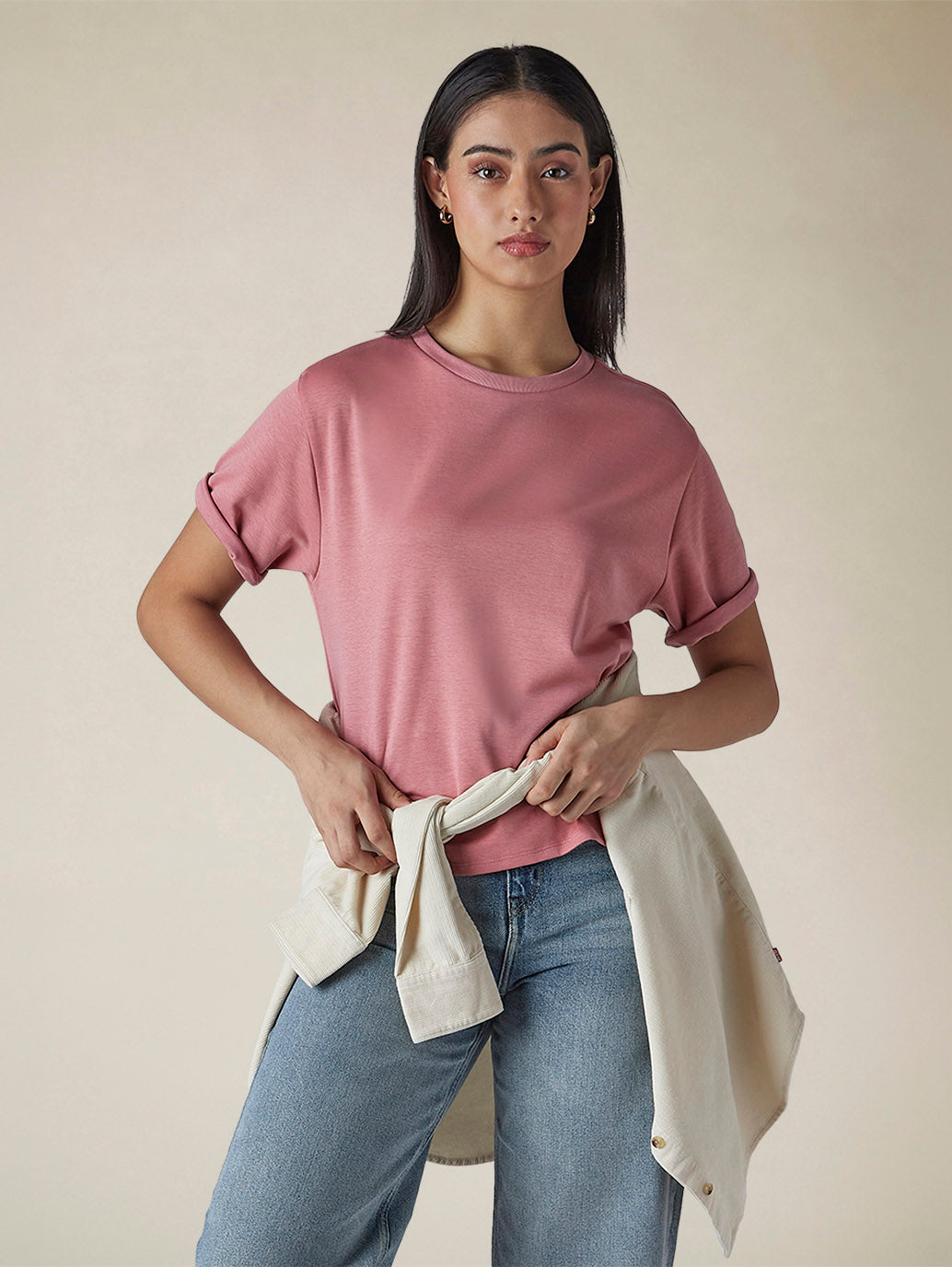 Women's Solid Crew Neck Relaxed Fit Interlock T-Shirt