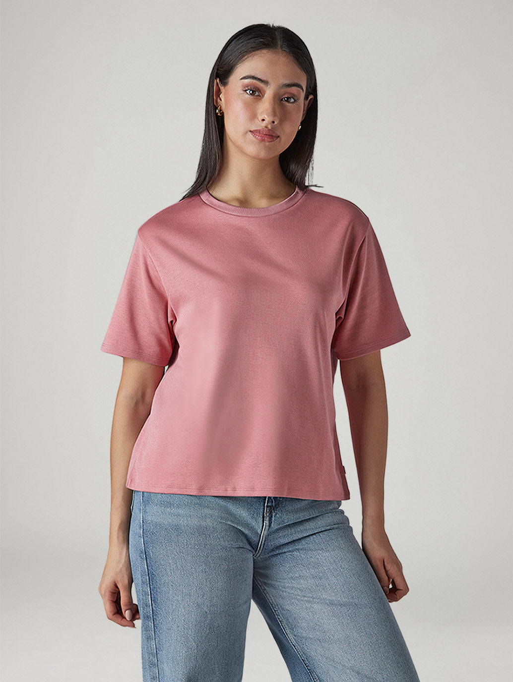 Women's Solid Crew Neck Relaxed Fit Interlock T-Shirt - Front View