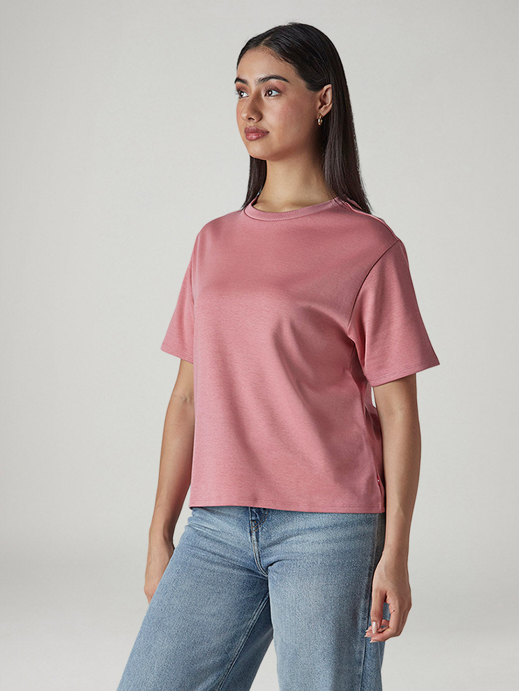 Women's Solid Crew Neck Relaxed Fit Interlock T-Shirt - Side View