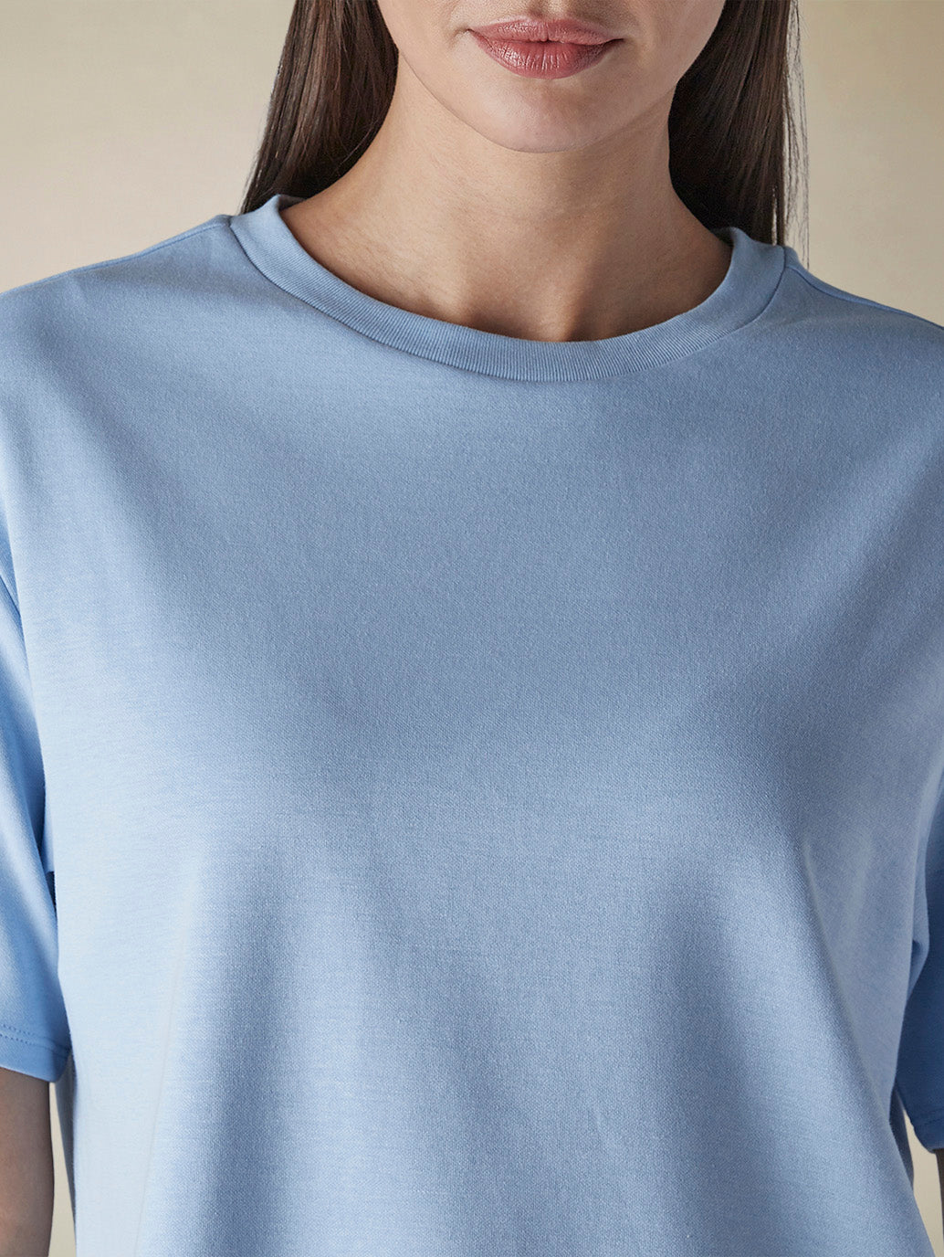 Women's Solid Crew Neck Relaxed Fit Interlock T-Shirt - Detail View
