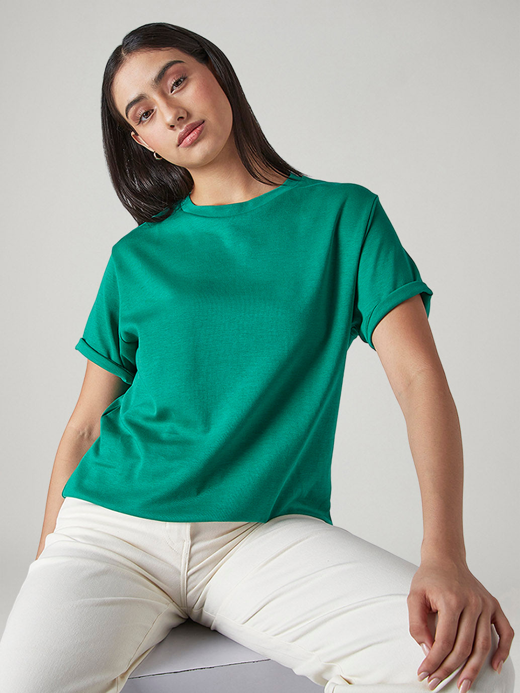 Women's Solid Crew Neck Relaxed Fit Interlock T-Shirt
