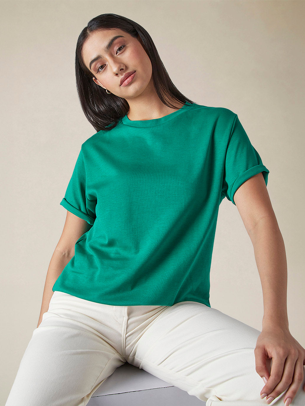 Women's Solid Crew Neck Relaxed Fit Interlock T-Shirt