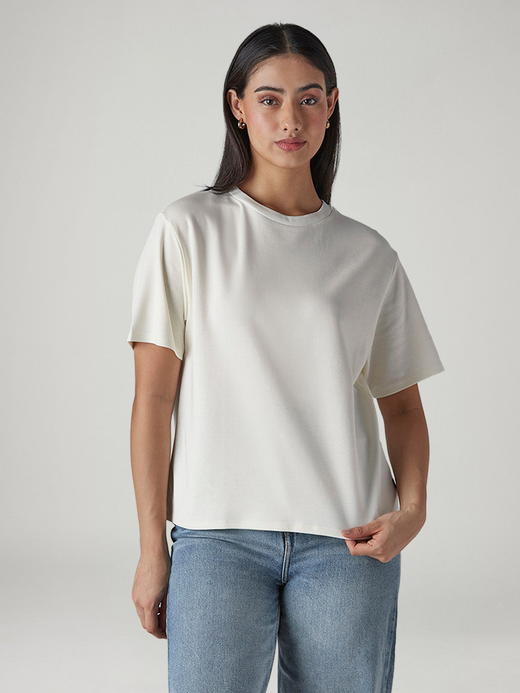 Women's Solid Crew Neck Relaxed Fit Interlock T-Shirt - Front View