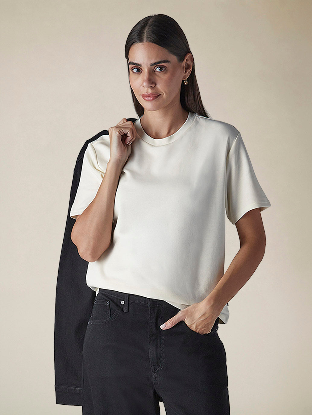 Women's Solid Crew Neck Relaxed Fit Interlock T-Shirt - Styleshot View