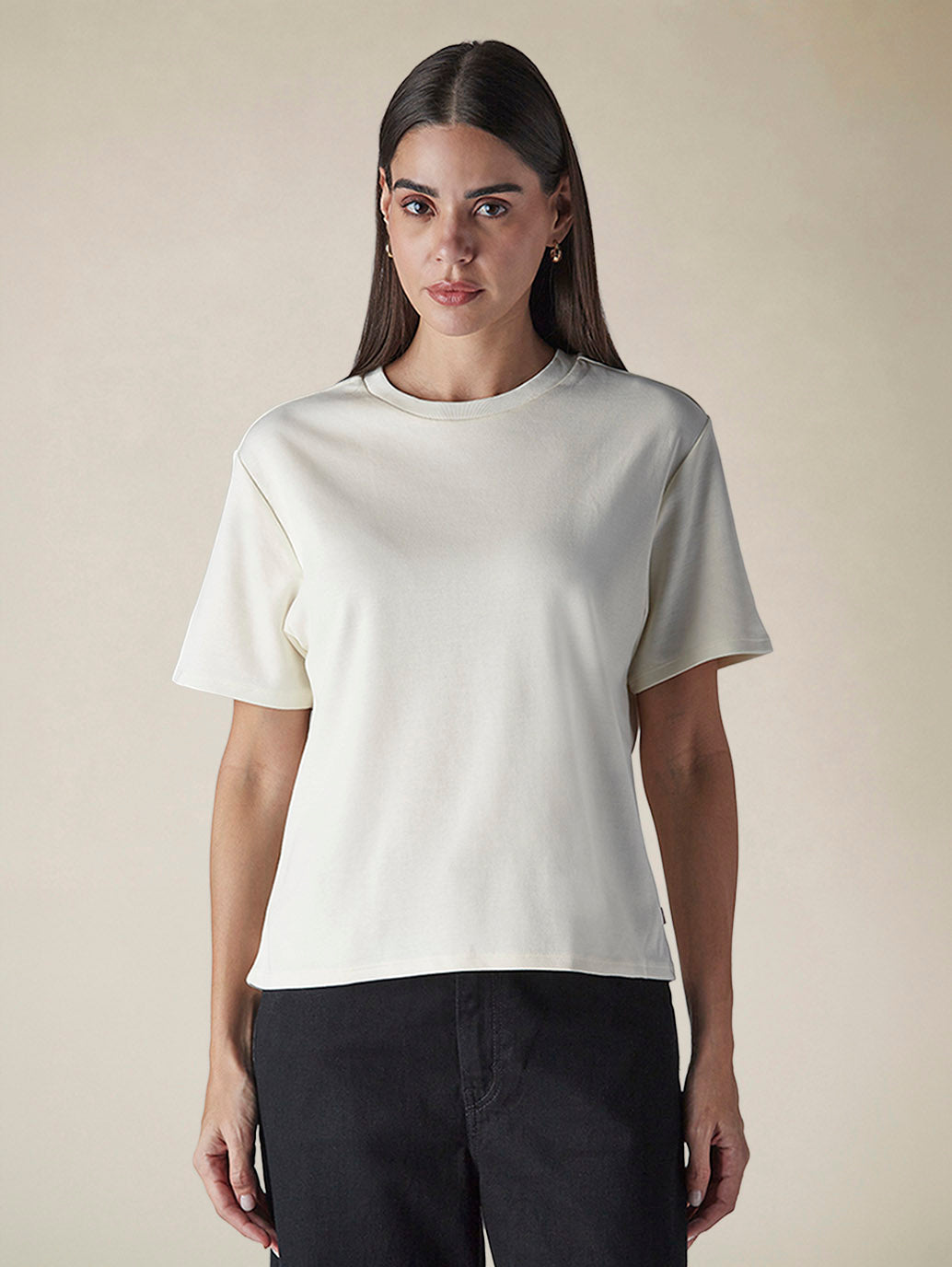 Women's Solid Crew Neck Relaxed Fit Interlock T-Shirt - Front View