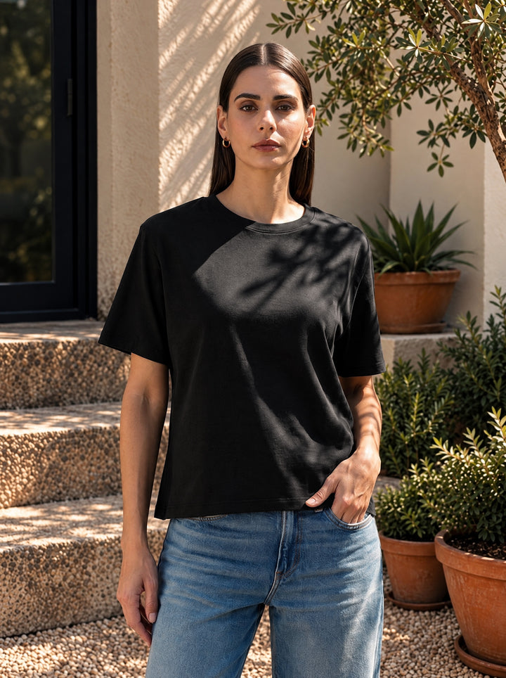 Women's Solid Crew Neck Relaxed Fit Interlock T-Shirt