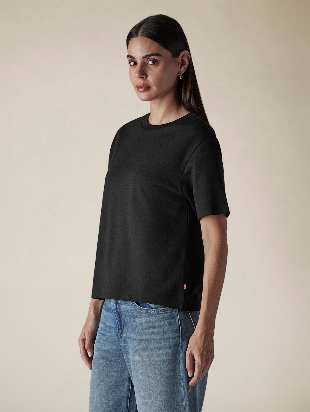 Women's Solid Crew Neck Relaxed Fit Interlock T-Shirt - Side View