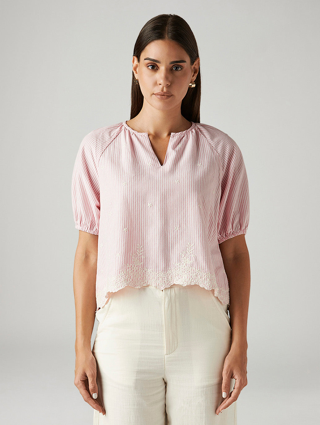 Women's Striped Pink V-Neck Top - Front View
