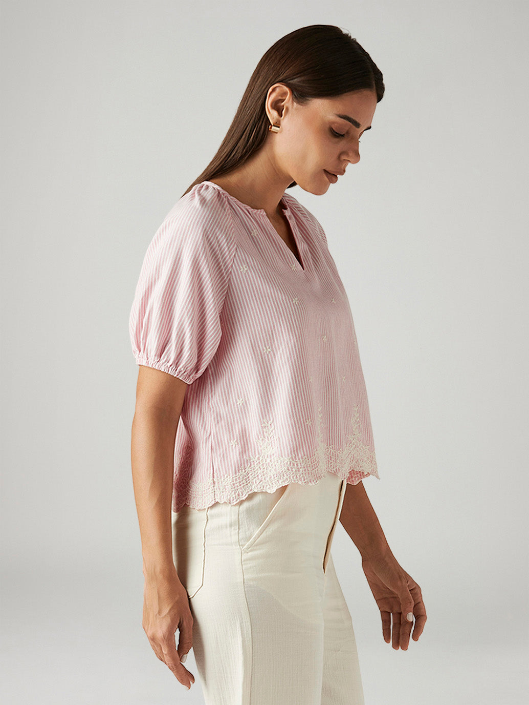 Women's Striped Pink V-Neck Top - Side View