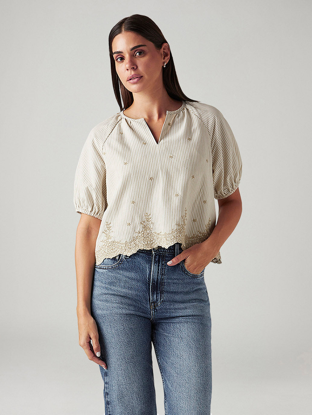 Women's Striped Beige V-Neck Top - Styleshot View