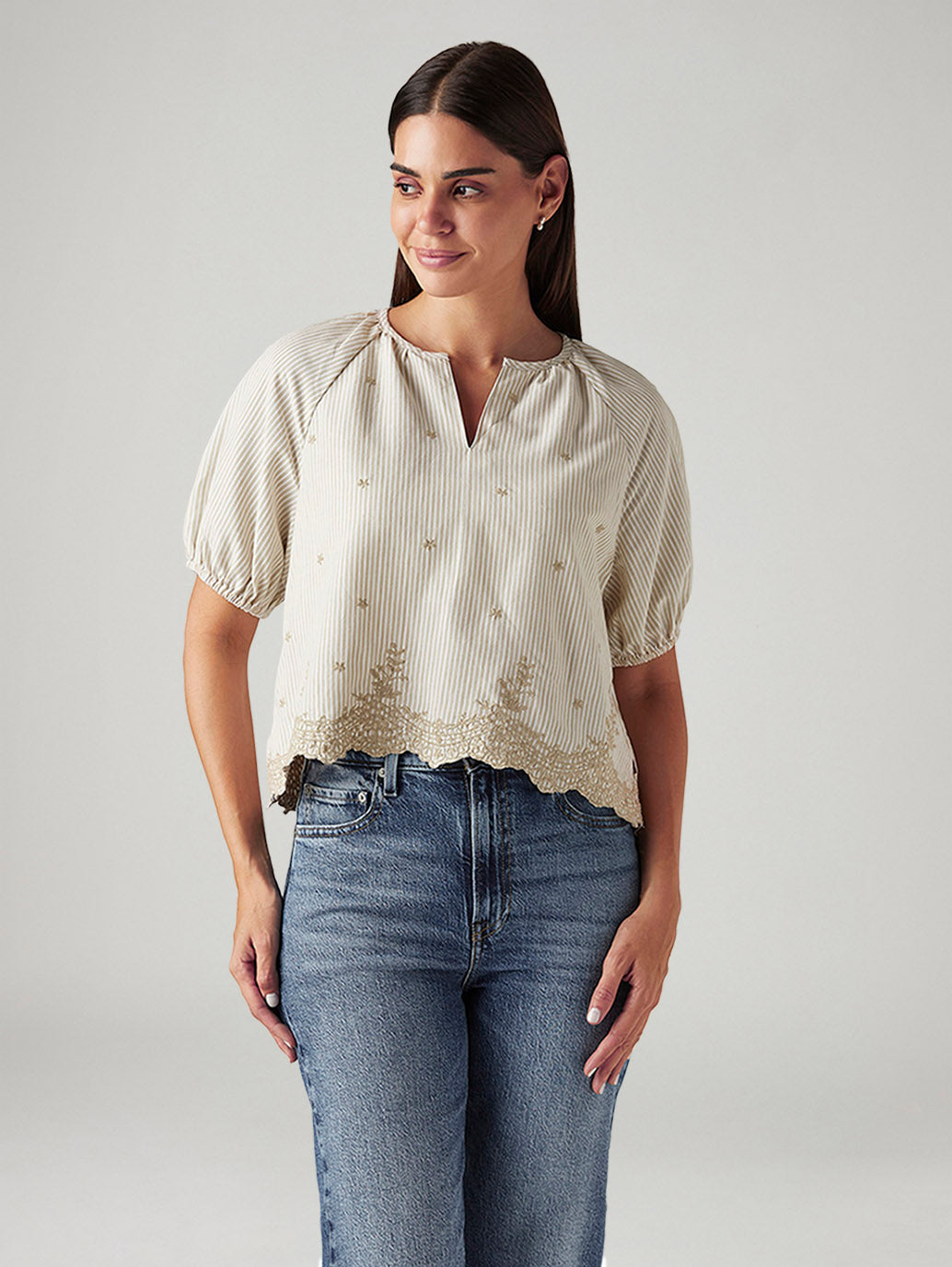 Women's Striped Beige V-Neck Top - Front View