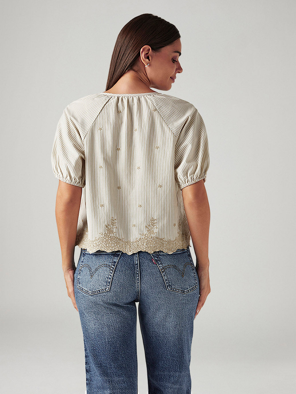 Women's Striped Beige V-Neck Top - Back View