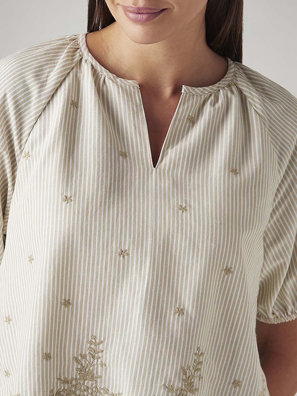 Women's Striped Beige V-Neck Top - Detail View