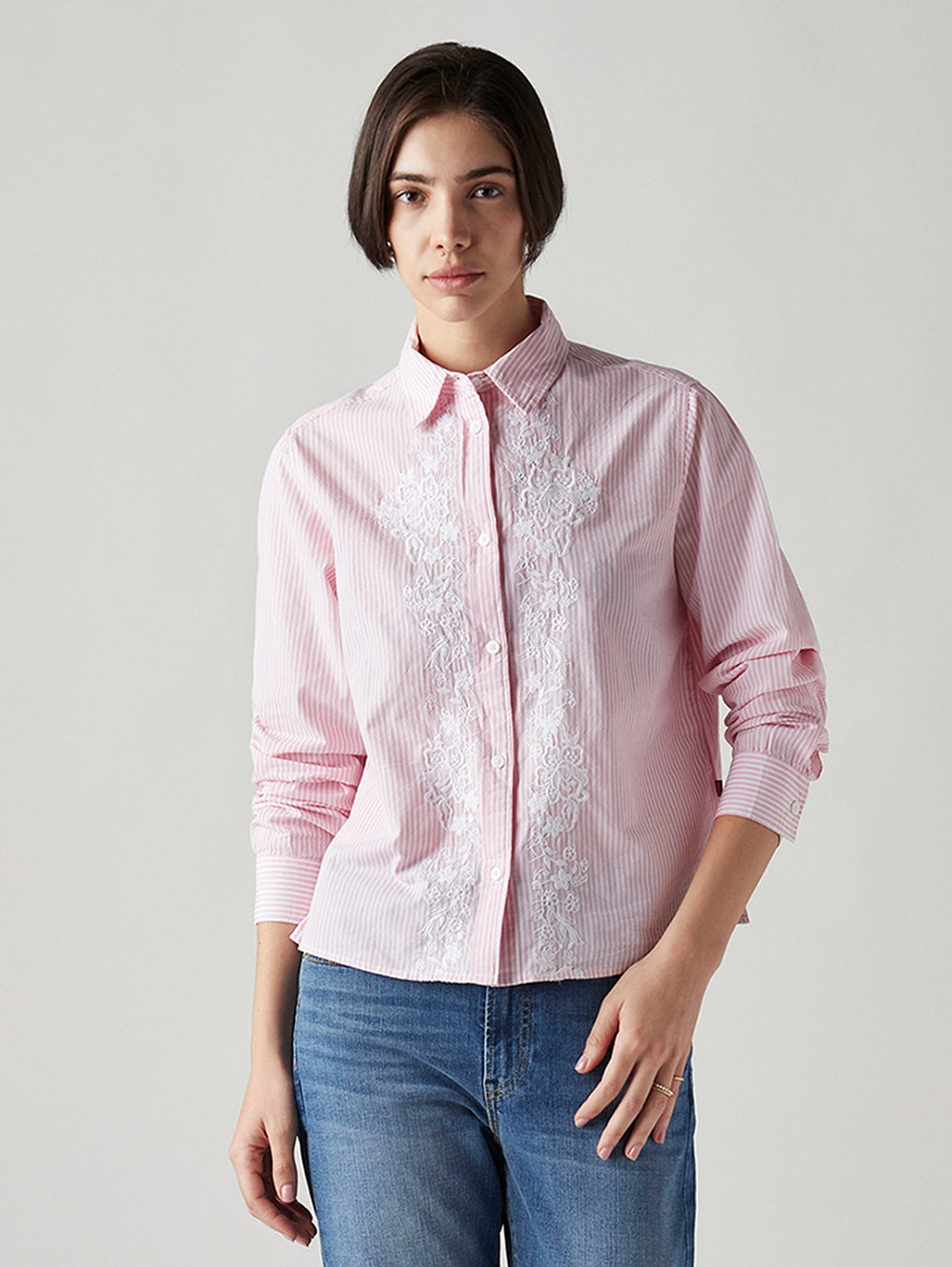 Women's Striped Regular Fit Embroidered Shirt - Front View