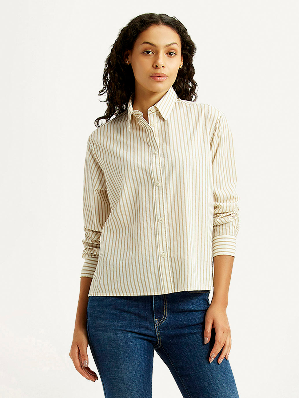 Women's Striped Beige Relaxed Fit Poplin Shirt - Styleshot View