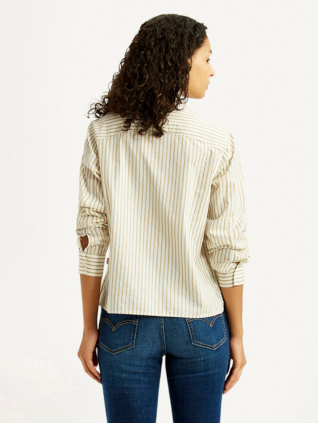 Women's Striped Beige Relaxed Fit Poplin Shirt - Back View