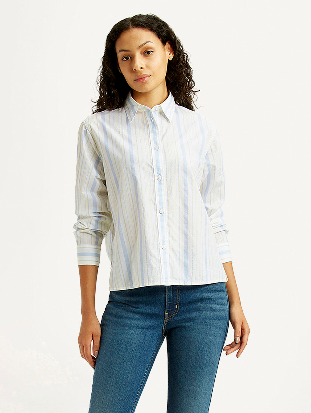 Women's Striped White Relaxed Fit Poplin Shirt - Styleshot View