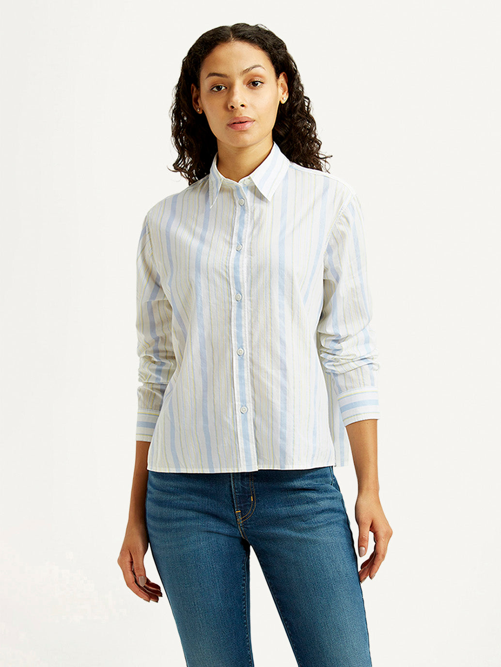 Women's Striped White Relaxed Fit Poplin Shirt - Front View