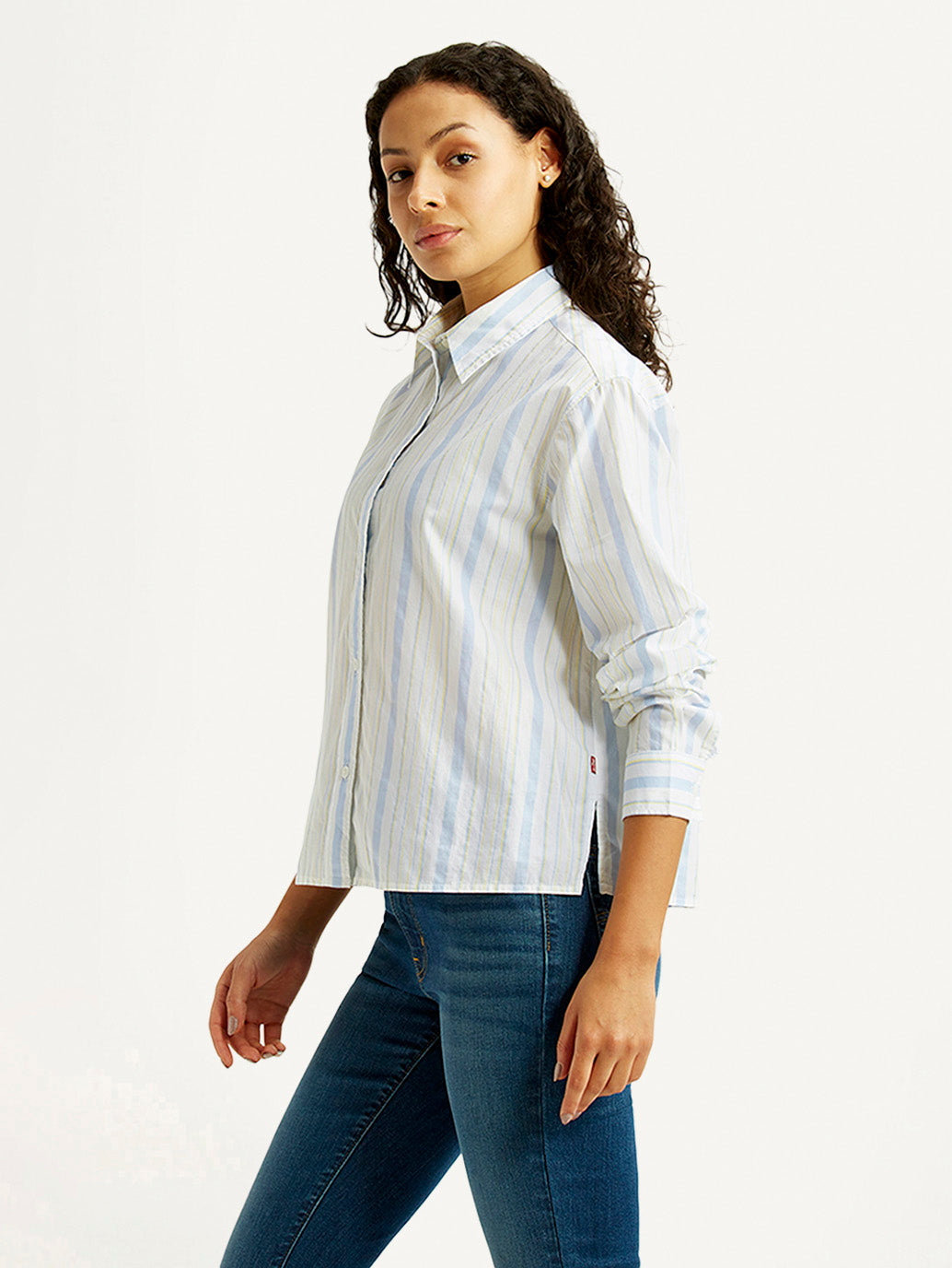 Women's Striped White Relaxed Fit Poplin Shirt - Side View