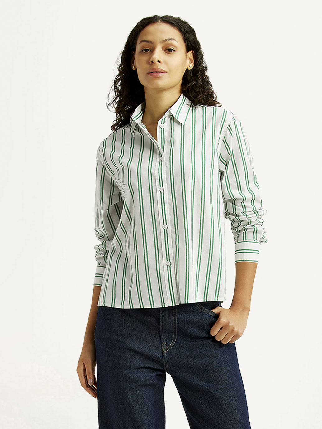 Women's Striped White Relaxed Fit Poplin Shirt