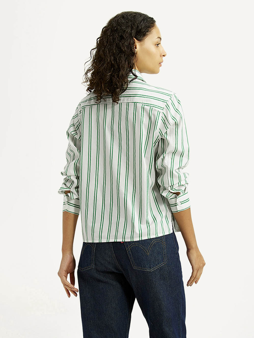 Women's Striped White Relaxed Fit Poplin Shirt - Back View