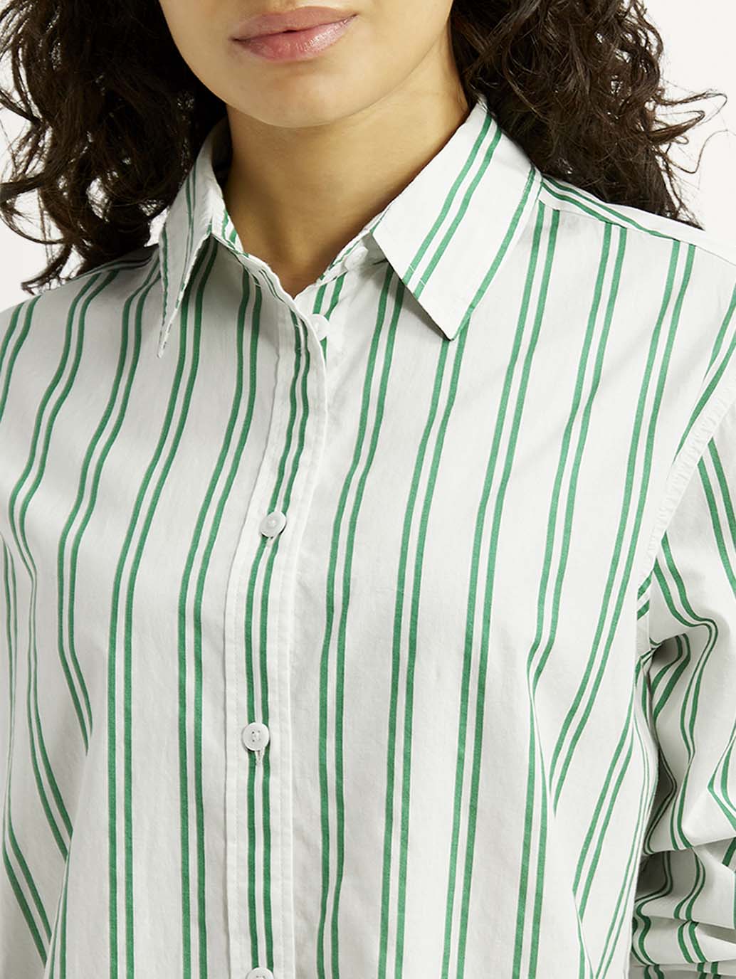Women's Striped White Relaxed Fit Poplin Shirt - Detail View