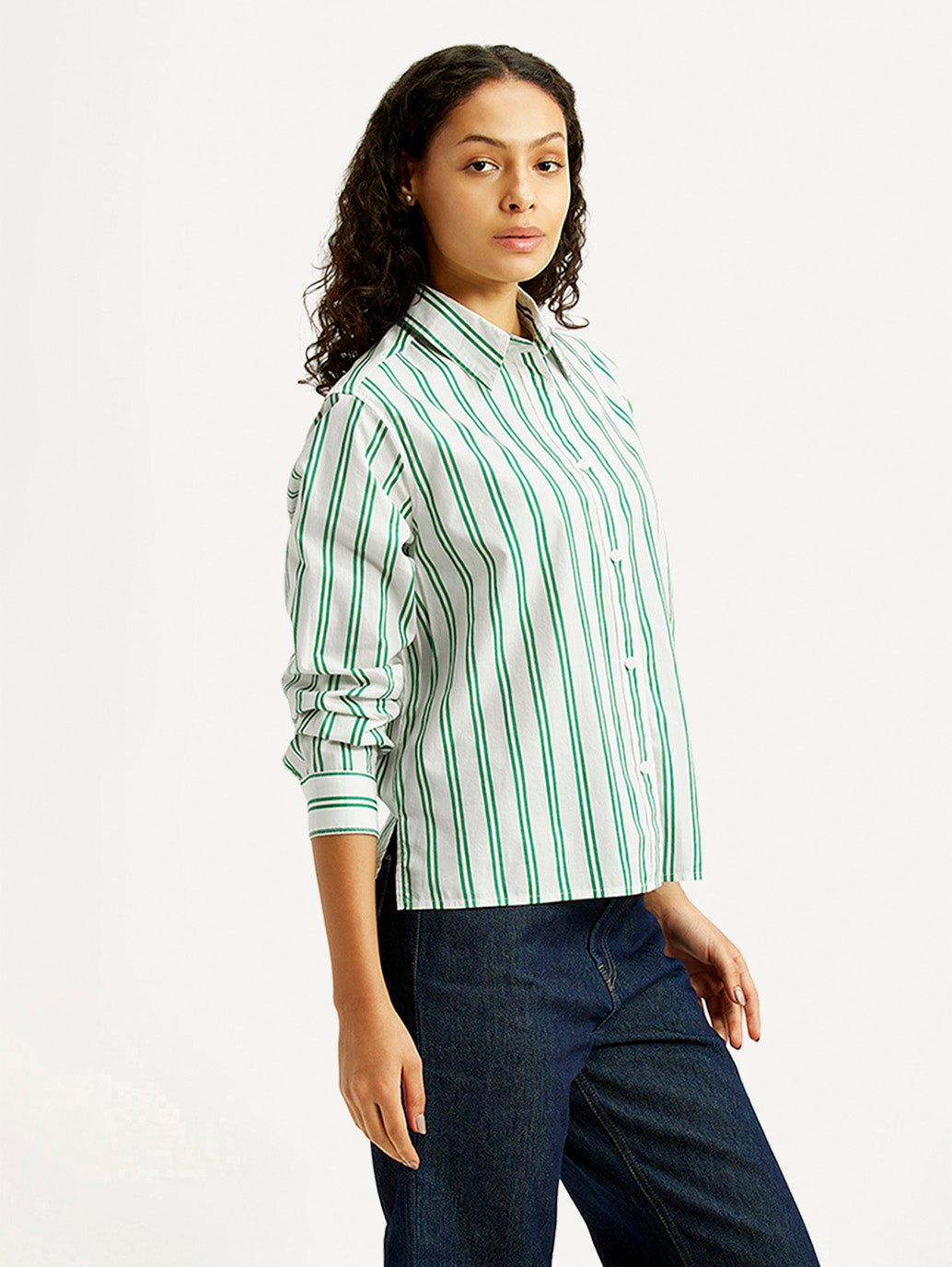 Women's Striped White Relaxed Fit Poplin Shirt - Side View