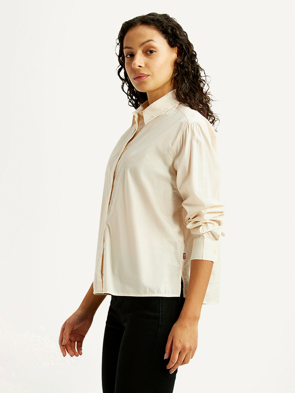 Women's Solid Cream Relaxed Fit Poplin Shirt - Side View