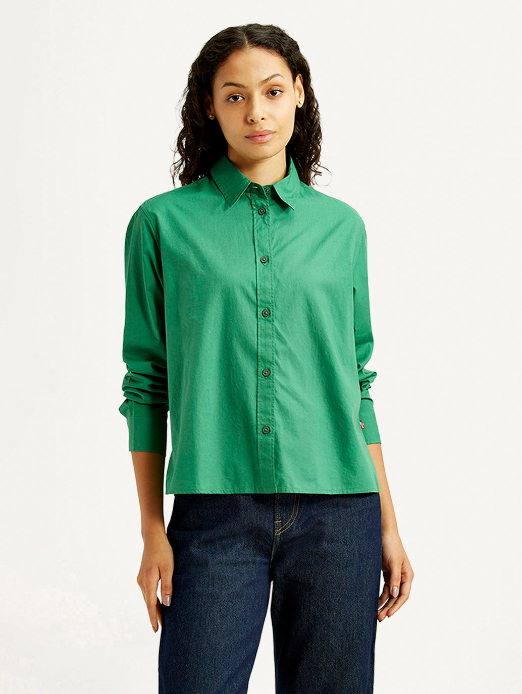 Women's Solid Green Relaxed Fit Poplin Shirt - Front View