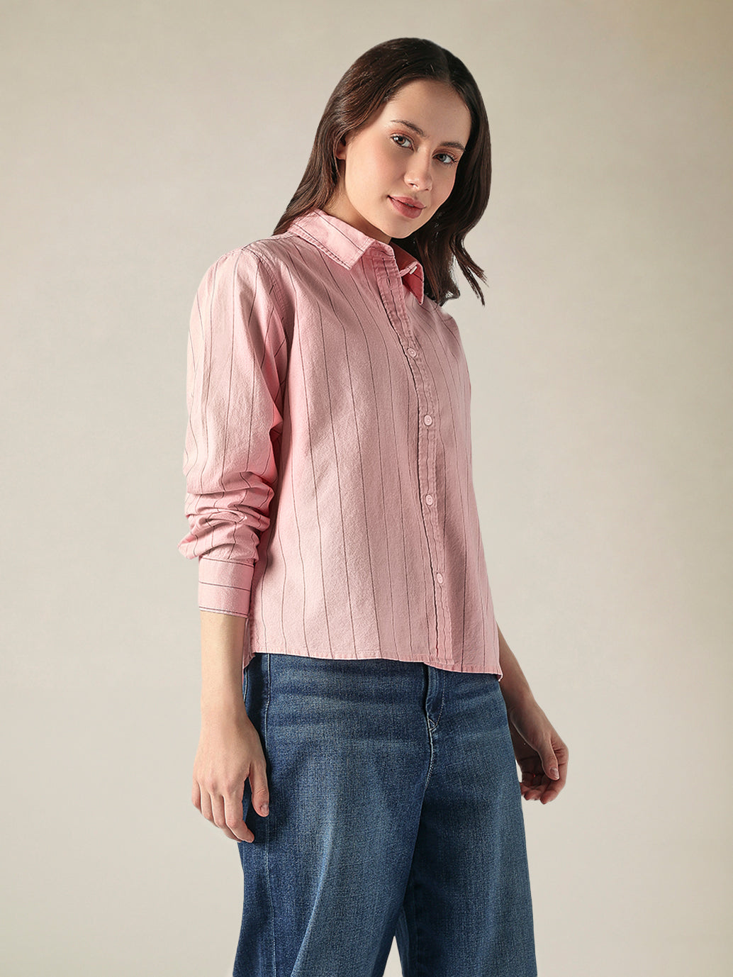 Women's Cotton Regular Fit Striped Oxford Shirt - Side View