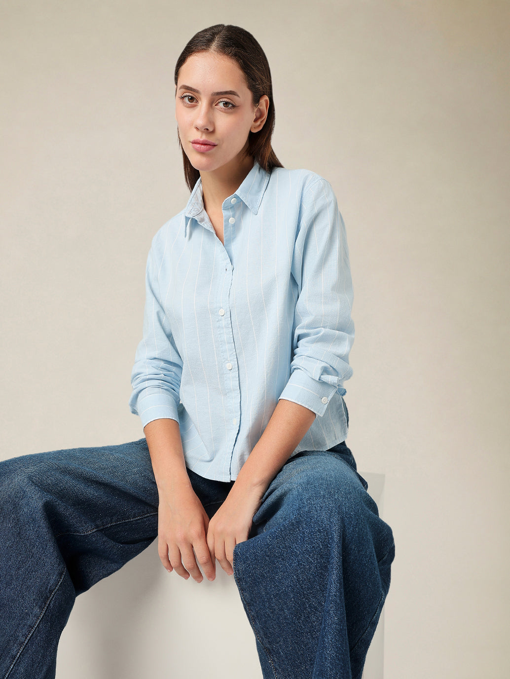 Women's Cotton Regular Fit Solid Oxford Shirt - Styleshot View